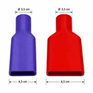 Porównanie adapterów MojaSsawka: wąski 4,5 cm i szeroki 6,5 cm, oba z okrągłym przyłączem Ø 3,5 cm