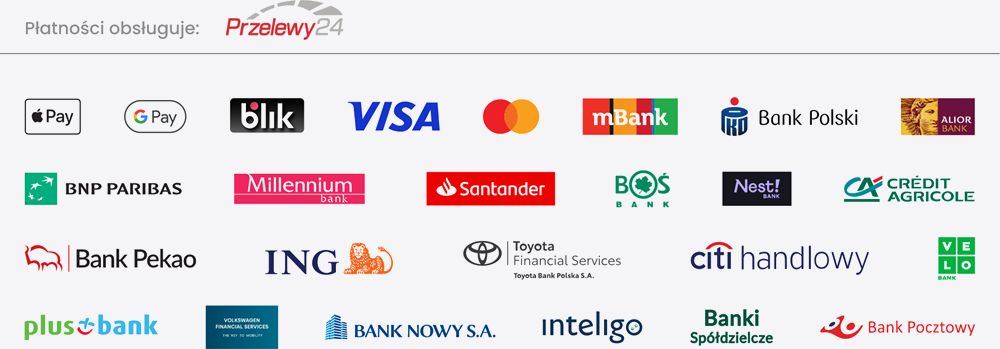 Metody płatności: Przelewy24, BLIK, Visa, Mastercard, Apple Pay, Google Pay