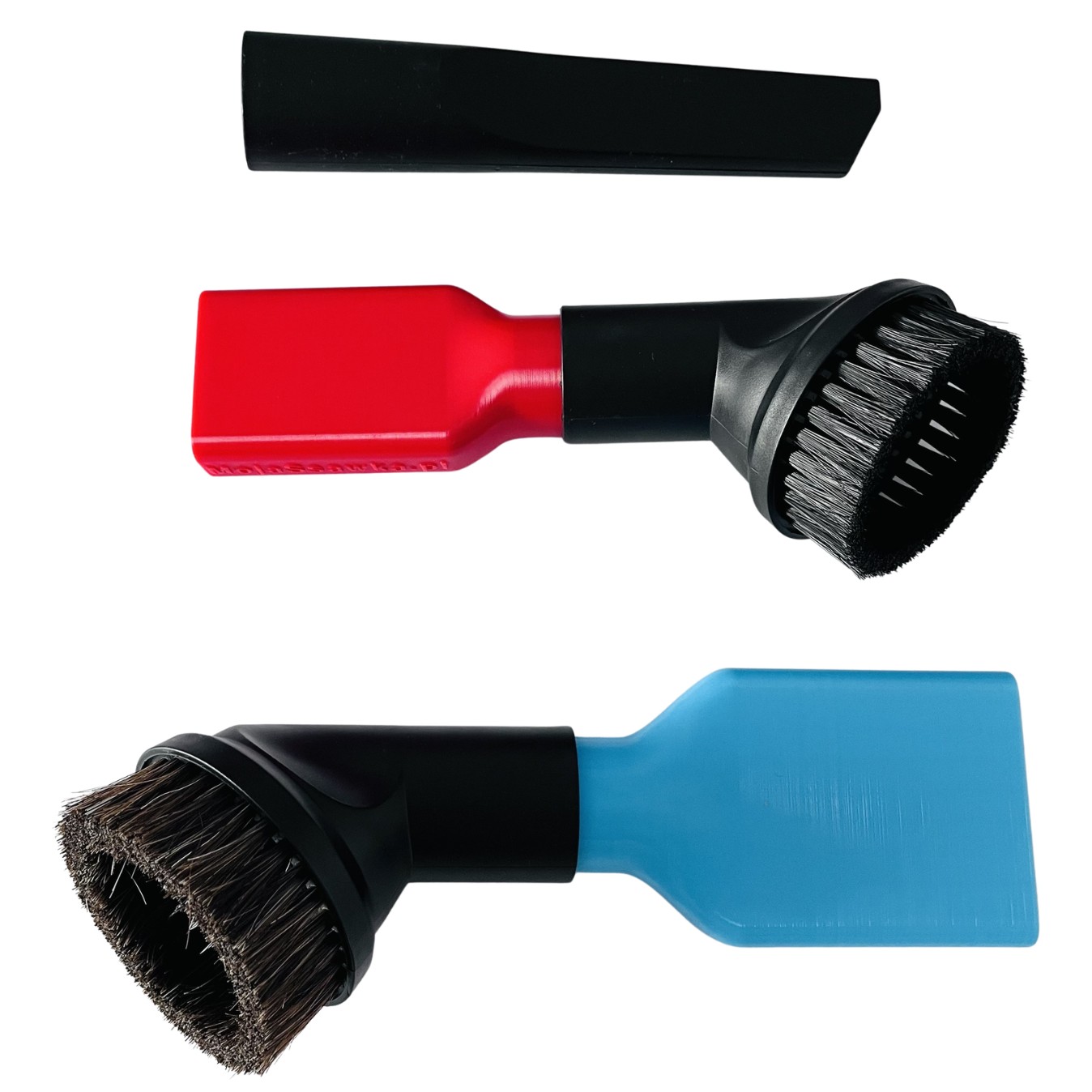 Zestaw Full MojaSsawka: adapter szeroki 6,5 cm jasnoniebieski, wąski 4,5 cm czerwony, dwie szczotki i krótka ssawka szczelinowa